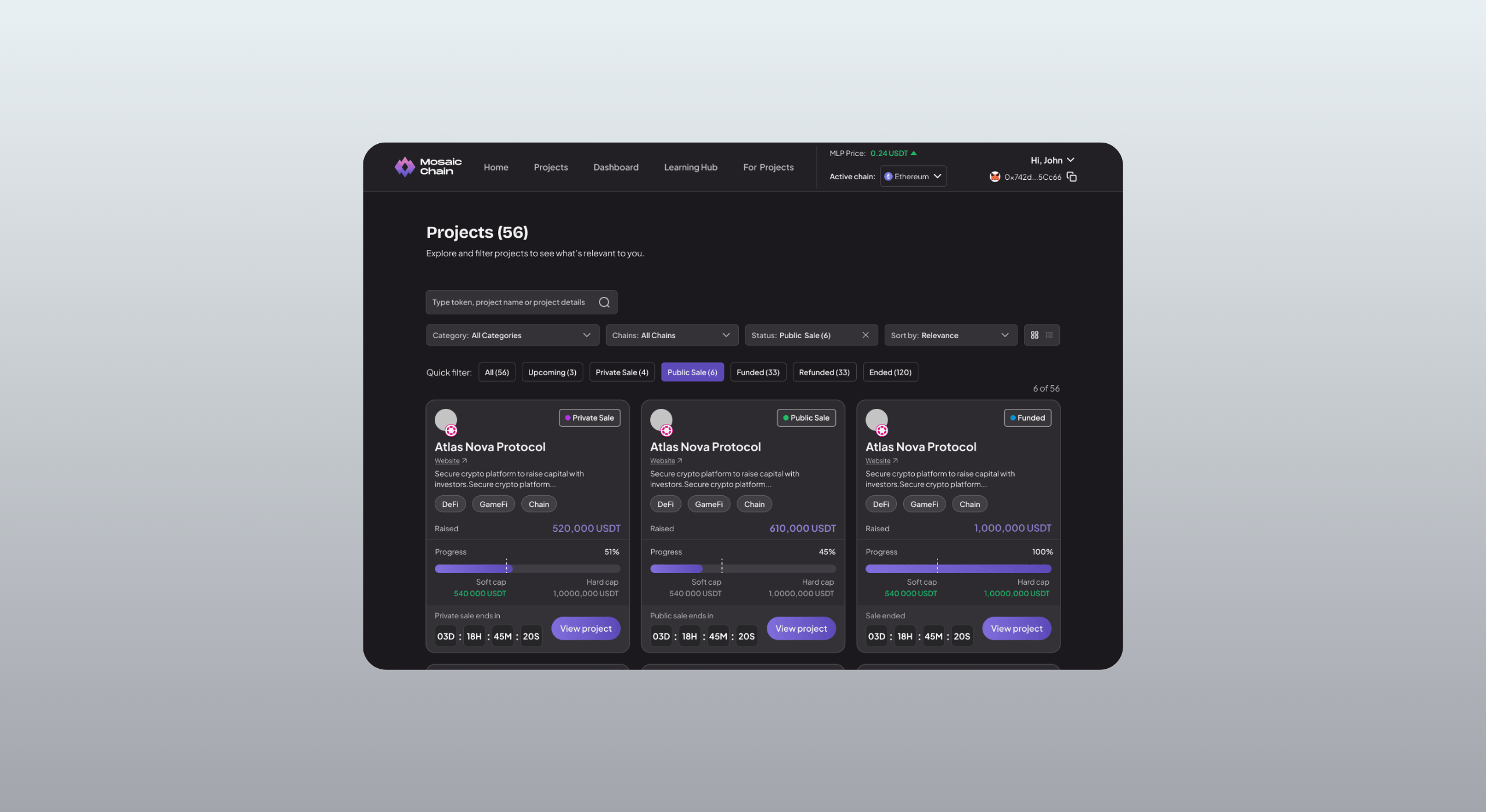 Mosaic Launchpad dashboard showing project listings with filters, funding progress, and sale status.