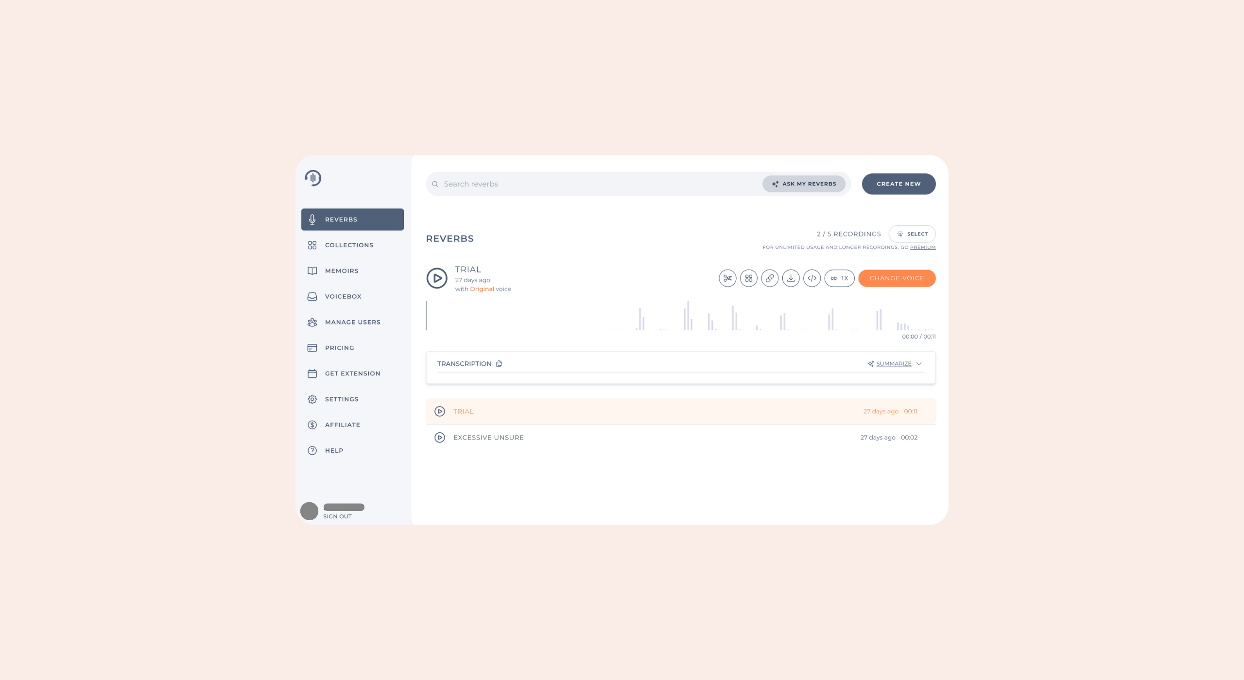 Reverb dashboard showing audio recordings list with waveform preview and transcription tools.
